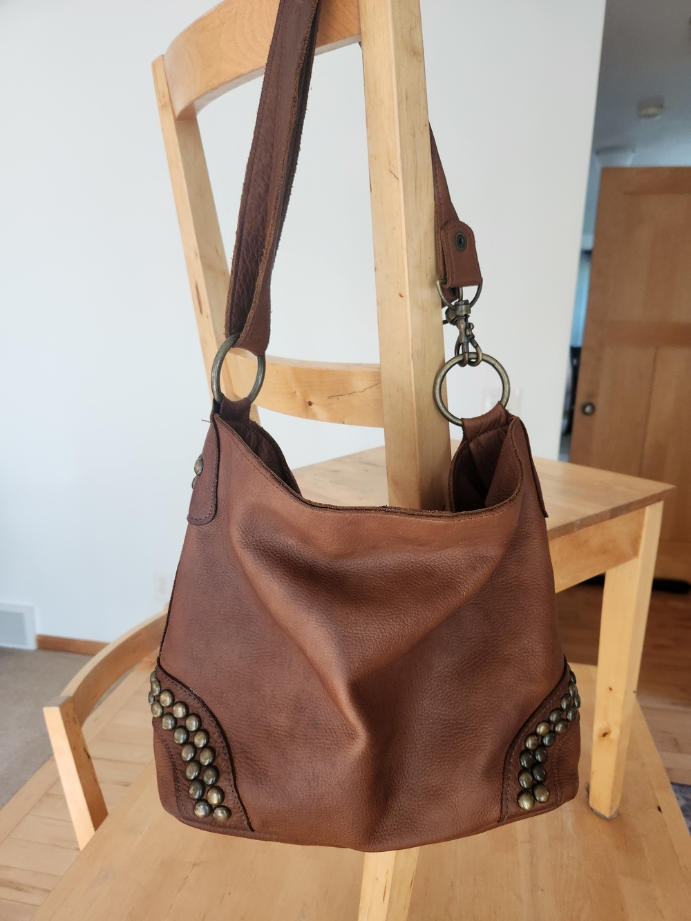 Brown Studded Leather Shoulder/ Cross Body Bag